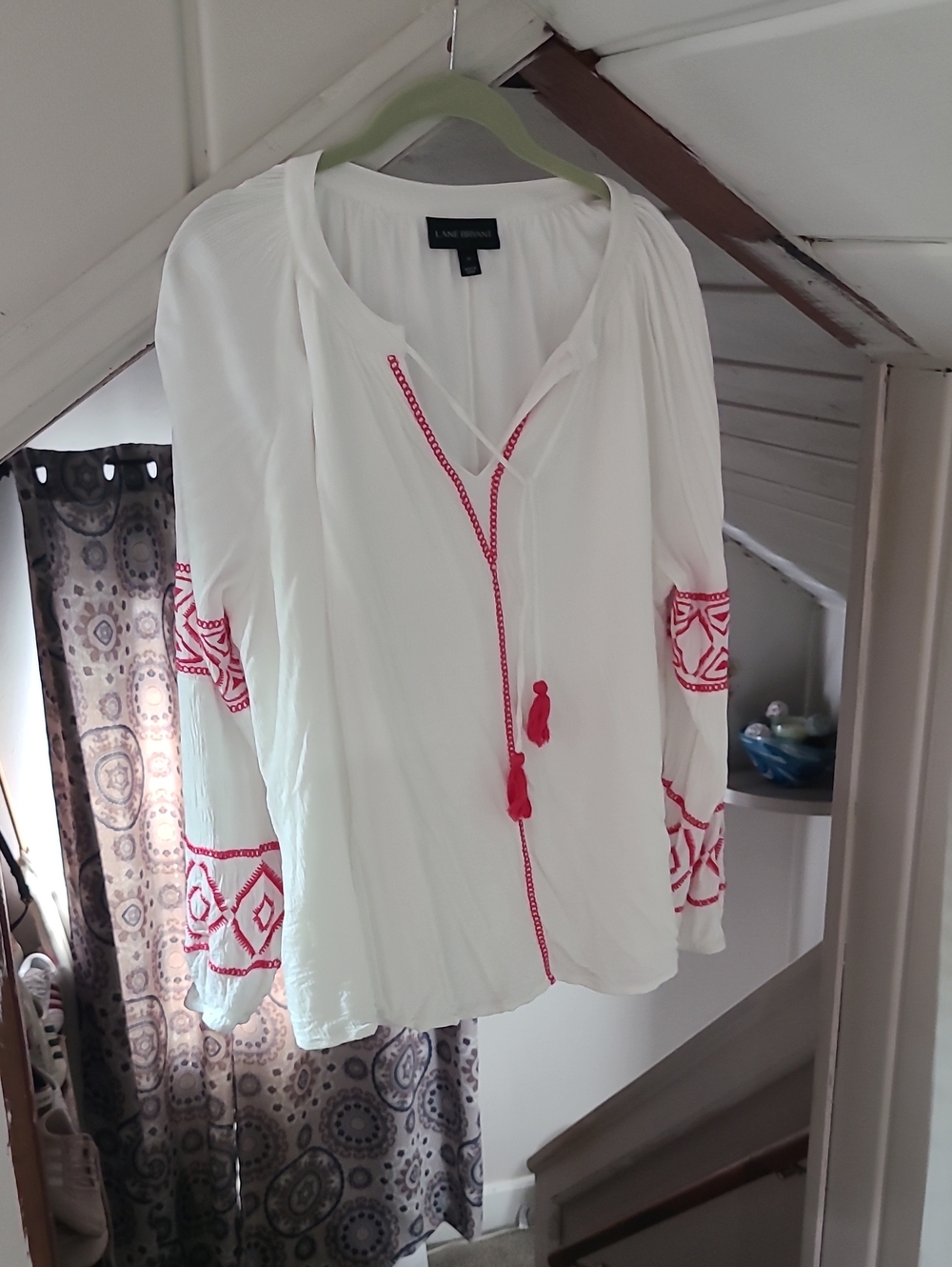 White Embroidered Peasant Blouse with Hot Pink Trim